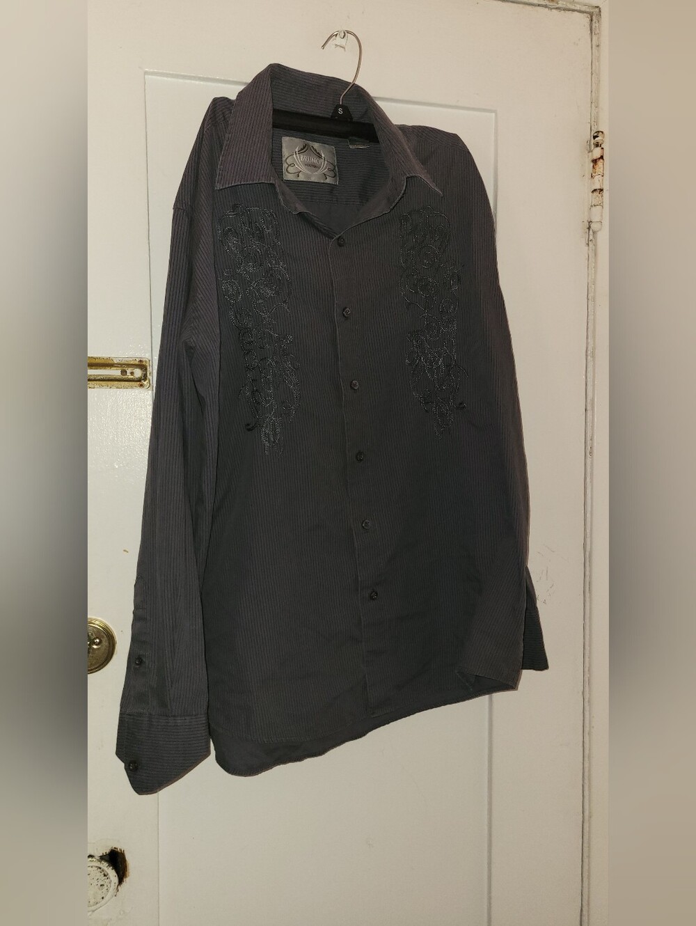 Men's Dark Gray Embroidered Button-Down Shirt Jacket